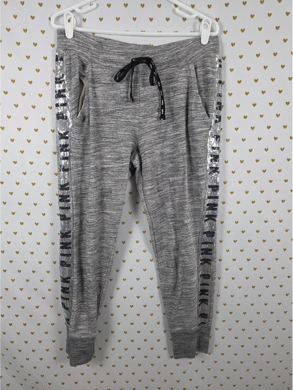 Victorias Secret PINK Grey Bling Sequined Sweats Sweatpants LARGE